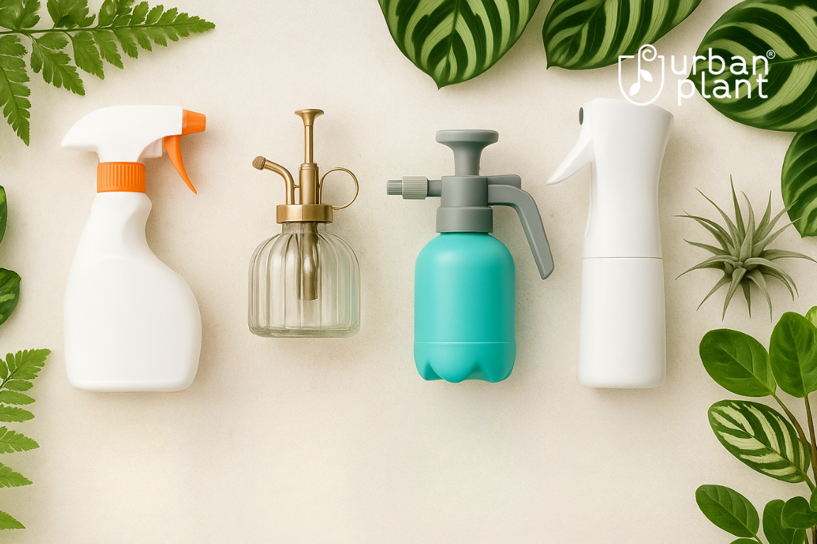 Different type of mist sprayers kept on table